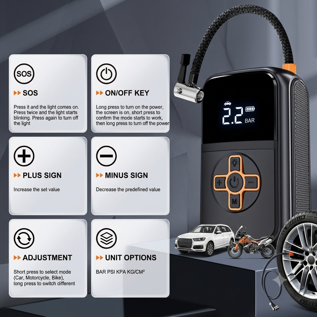 3-in-1 Digital Cordless Tyre Inflator - Auto Stop & LCD Display